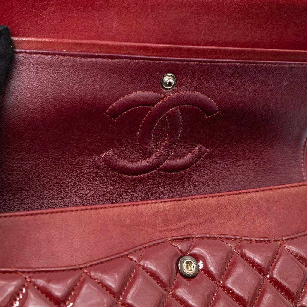 CHANEL MEDIUM CLASSIC DOUBLE FLAP BAG PATENT RED SHW