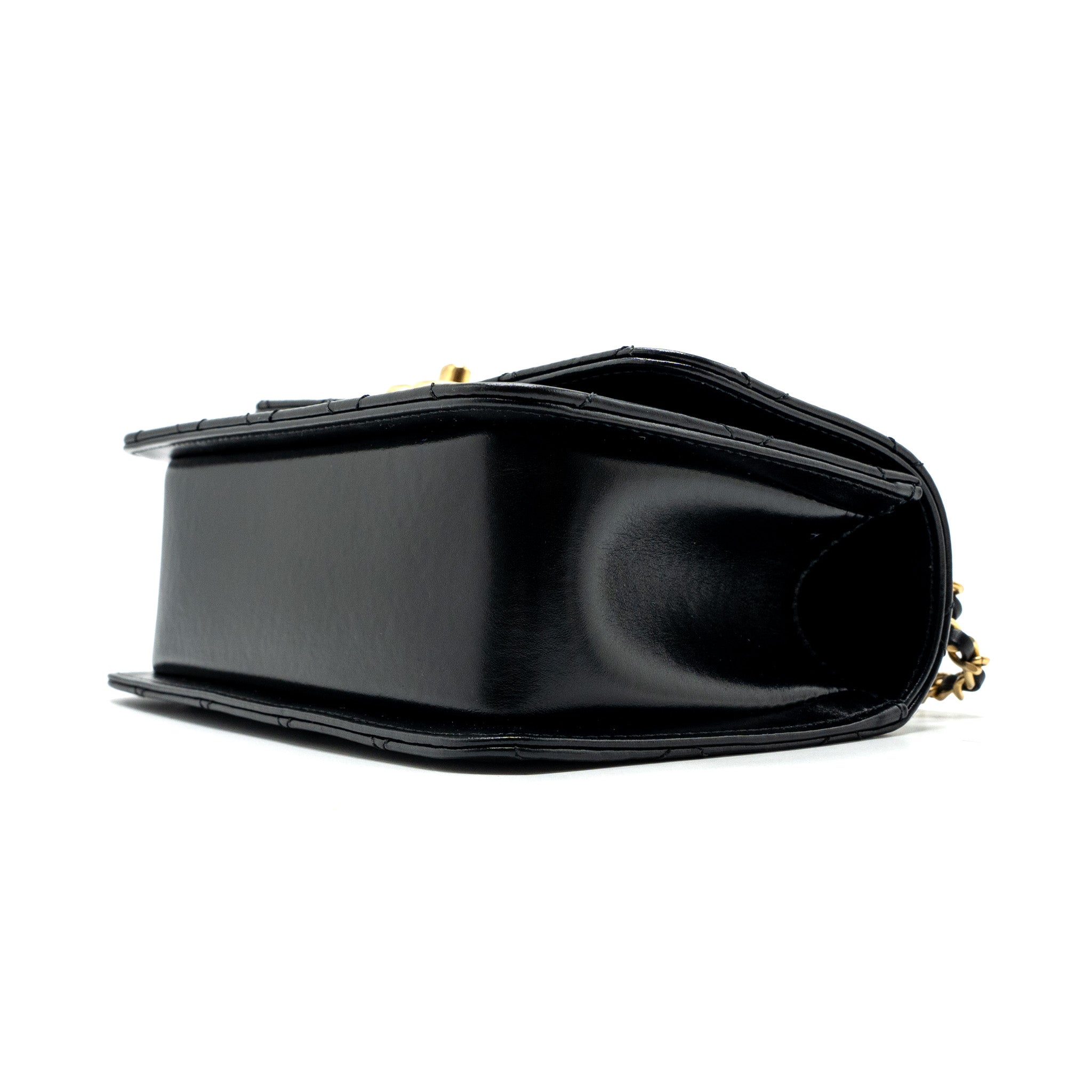 CHANEL 24C GOLD CRUSH MINI FLAP BAG CALFSKIN BLACK GHW (MICROCHIP)