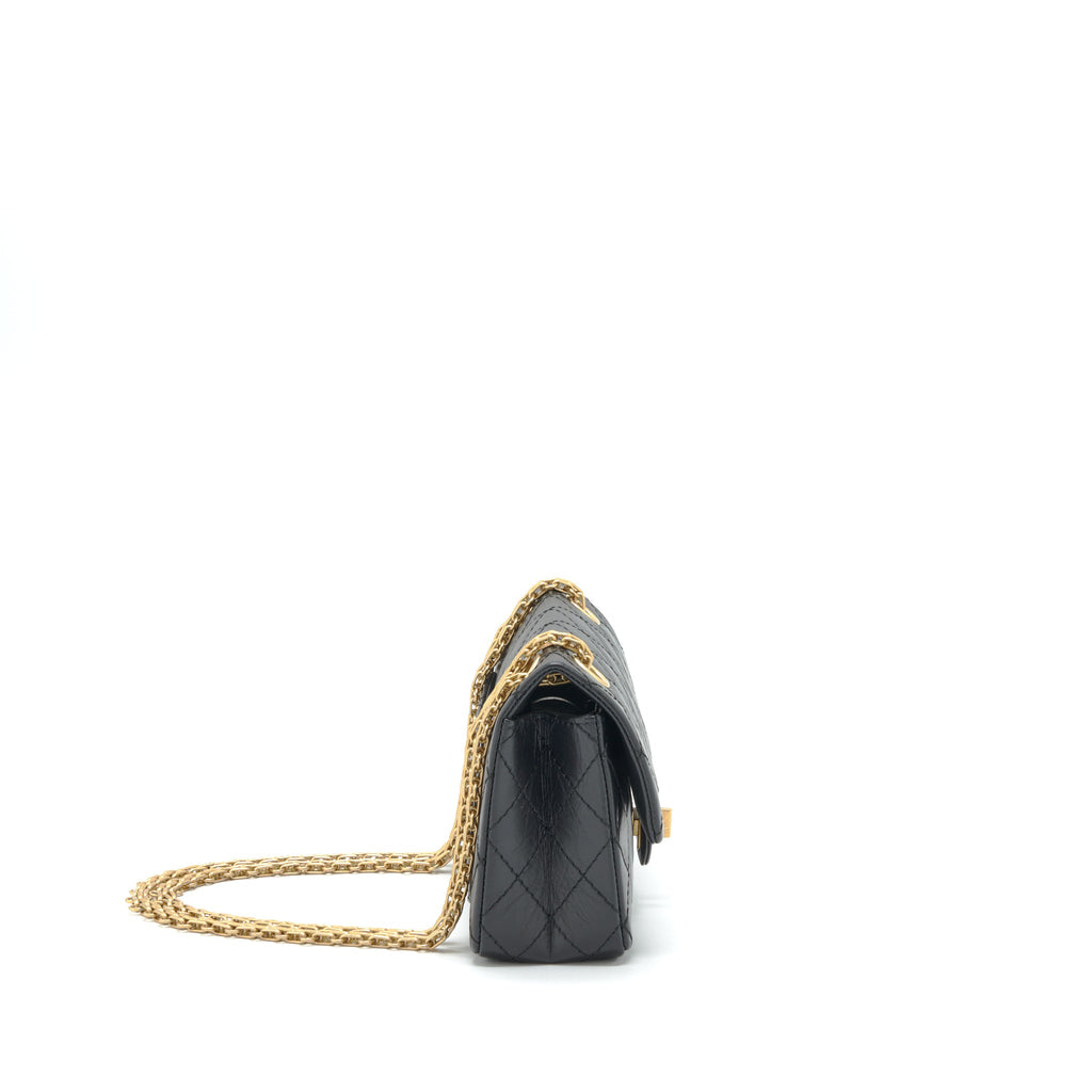 CHANEL MINI 2.55 REISSUE FLAP BAG AGED CALFSKIN BLACK BRUSHED GHW (MICROCHIP)