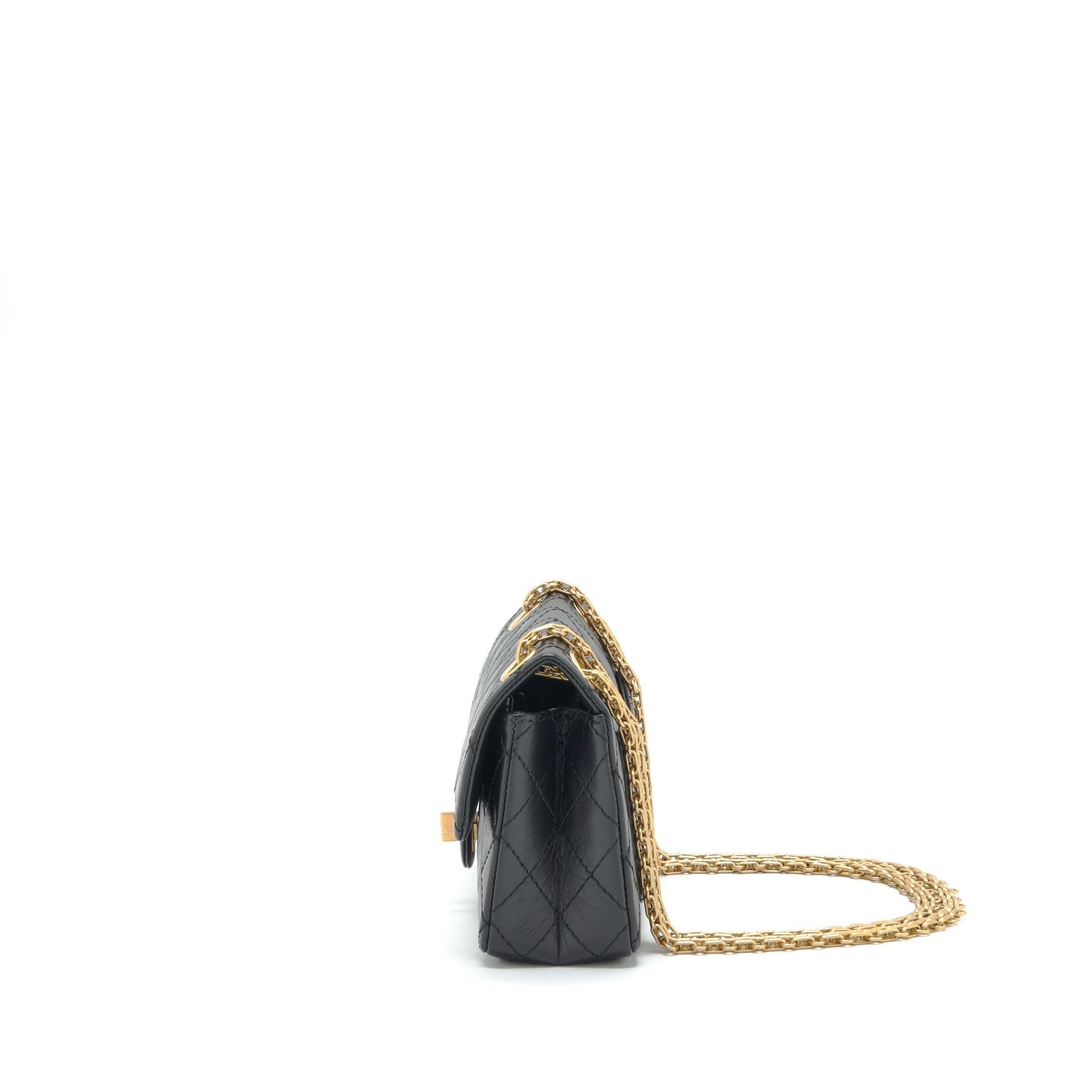 CHANEL MINI 2.55 REISSUE FLAP BAG AGED CALFSKIN BLACK BRUSHED GHW (MICROCHIP)