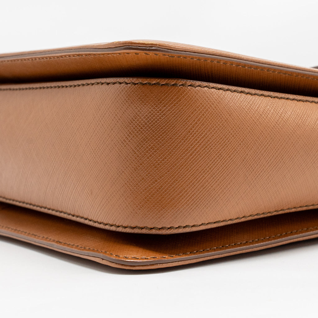 SALVATORE FERRAGAMO TOP HANDLE GANCINI BAG CALFSKIN TAN GHW