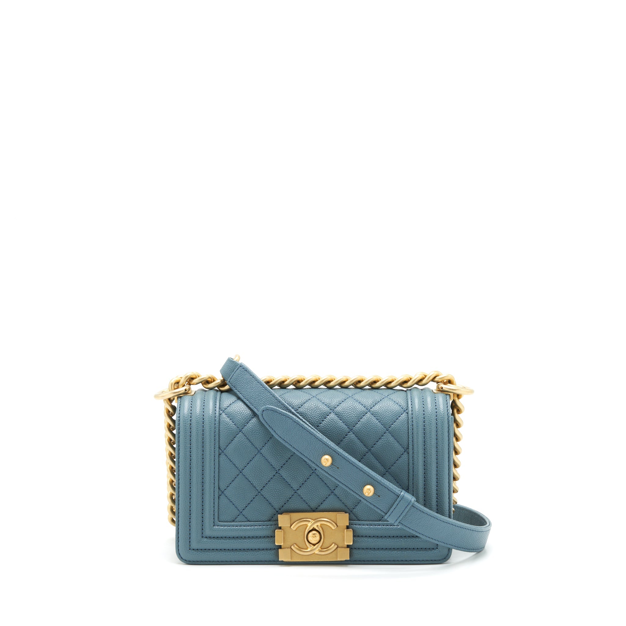 CHANEL SMALL BOY BAG CAVIAR GREYISH BLUE BRUSHED GHW