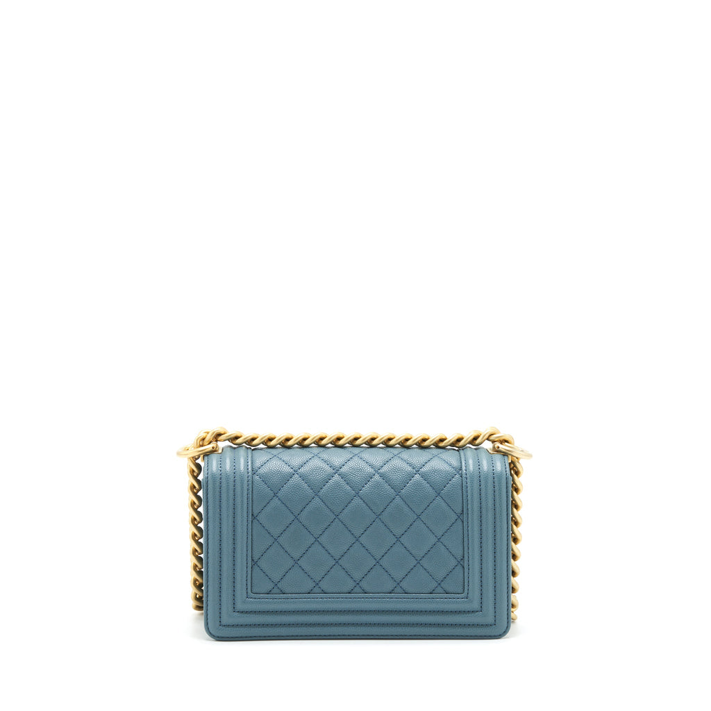 CHANEL SMALL BOY BAG CAVIAR GREYISH BLUE BRUSHED GHW