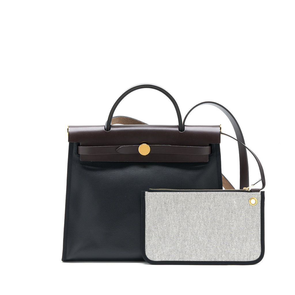 HERMES HERBAG 31 BERLINE CANVAS NOIR/ECRU-NOIR/EBENE GHW