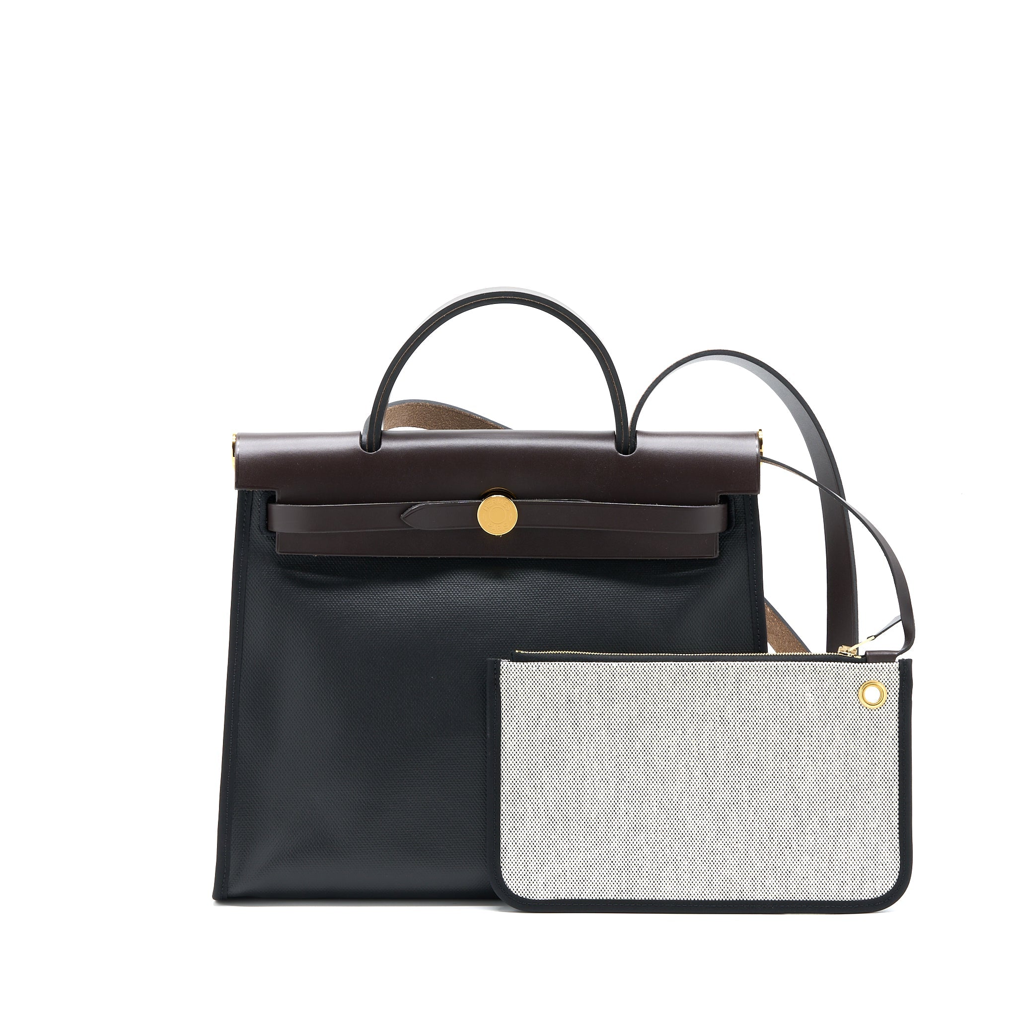 HERMES HERBAG 31 BERLINE CANVAS NOIR/ECRU-NOIR/EBENE GHW
