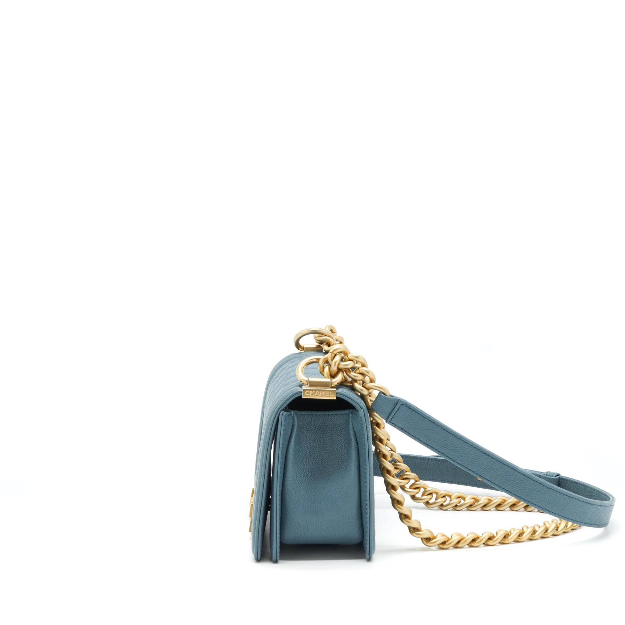 CHANEL SMALL BOY BAG CAVIAR GREYISH BLUE BRUSHED GHW