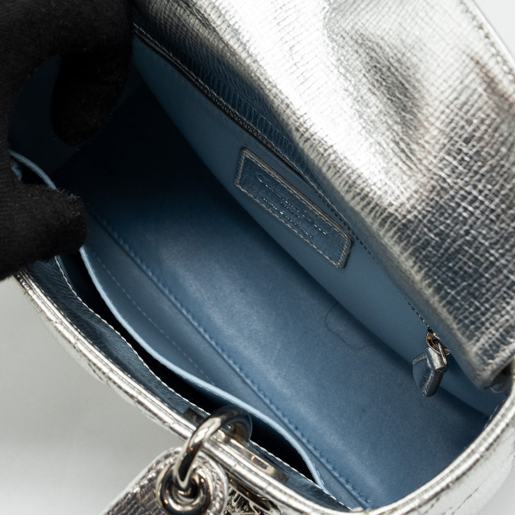 DIOR SMALL MY ABC LADY DIOR CANNAGE CALFSKIN METALLIC SILVER SHW