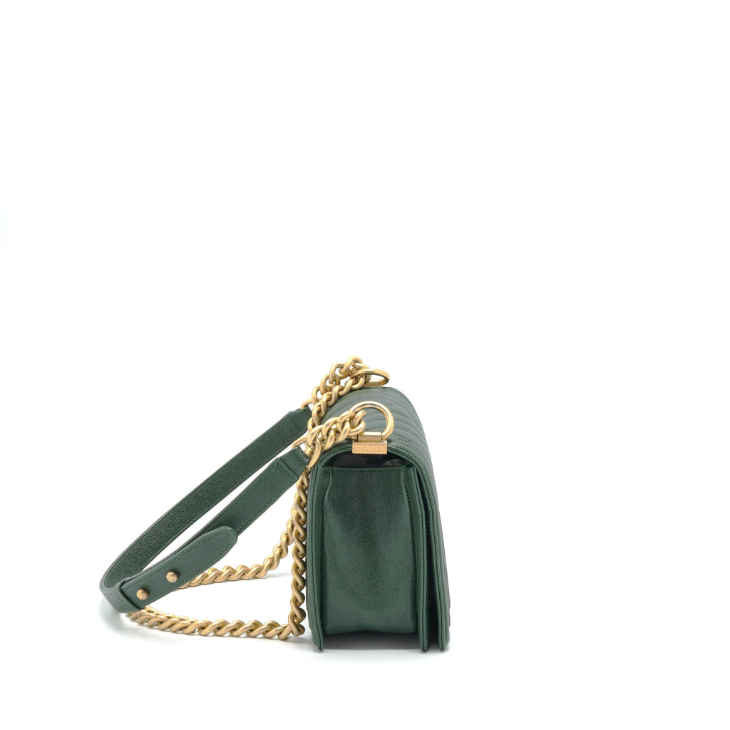 CHANEL CHEVRON MEDIUM BOY BAG CAVIAR GREEN BRUSHED GHW
