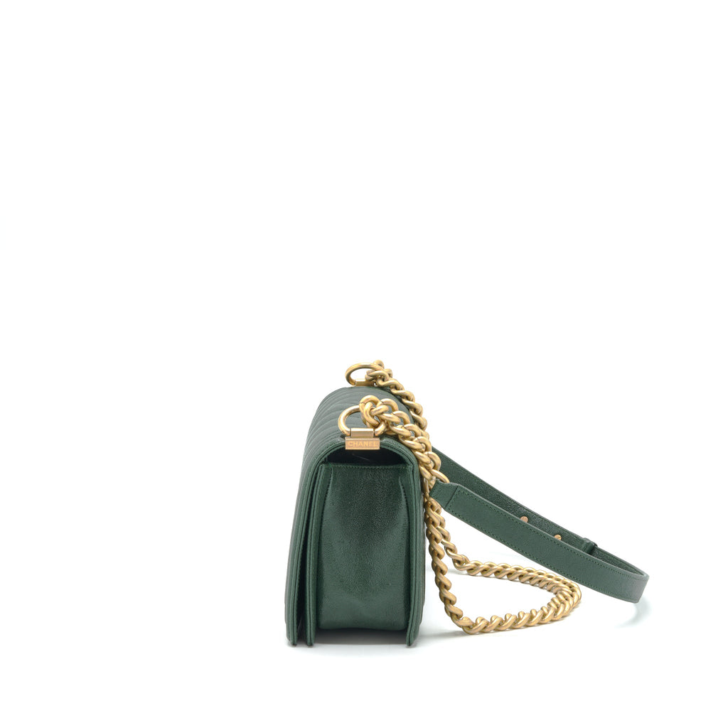 CHANEL CHEVRON MEDIUM BOY BAG CAVIAR GREEN BRUSHED GHW