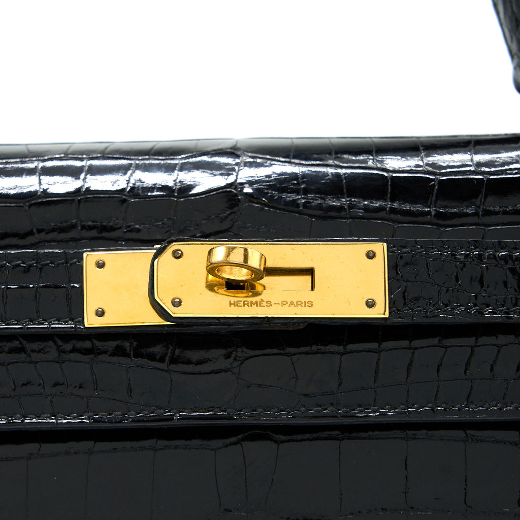 HERMES VINTAGE KELLY 28 ALLIGATOR BLACK GHW
