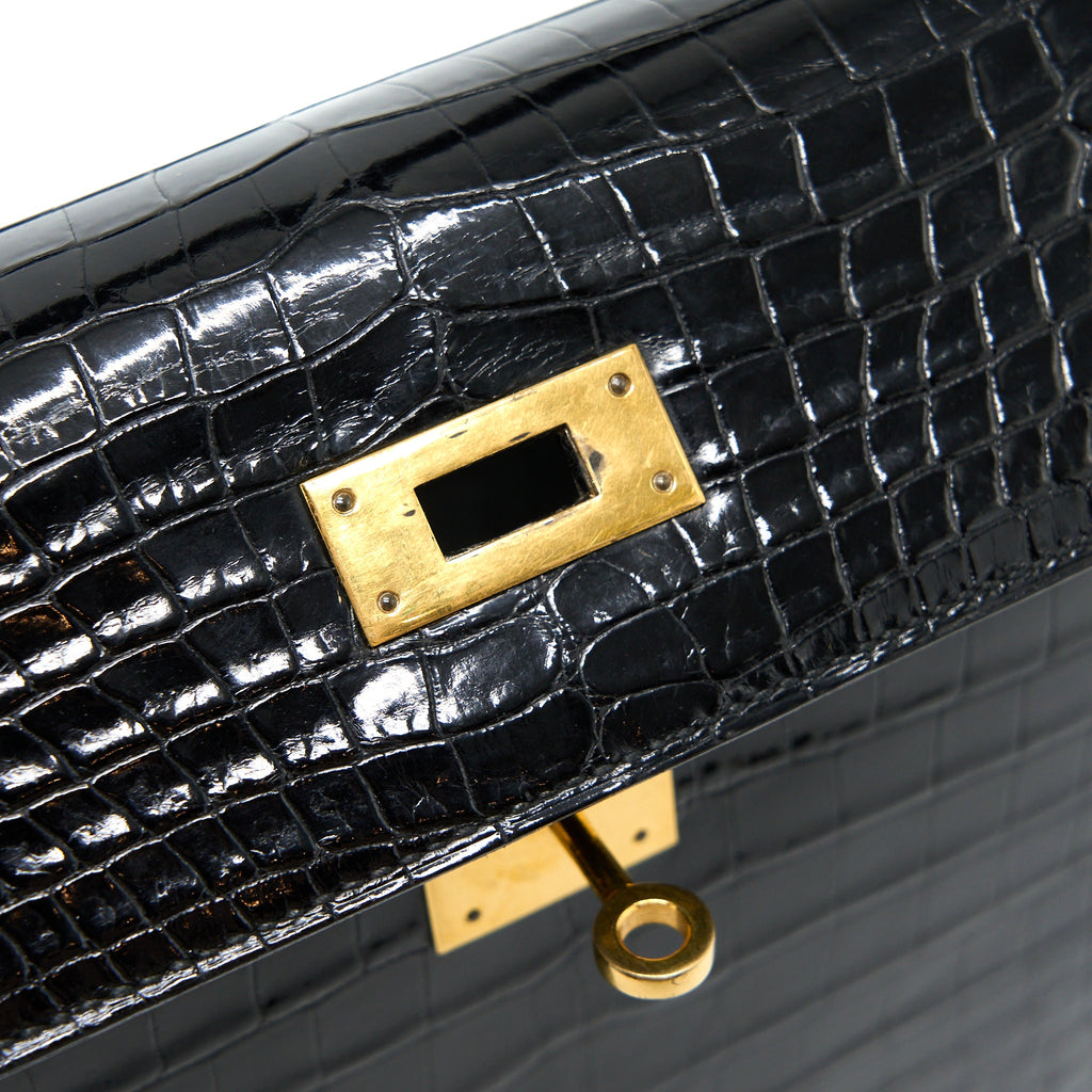 HERMES VINTAGE KELLY 28 ALLIGATOR BLACK GHW