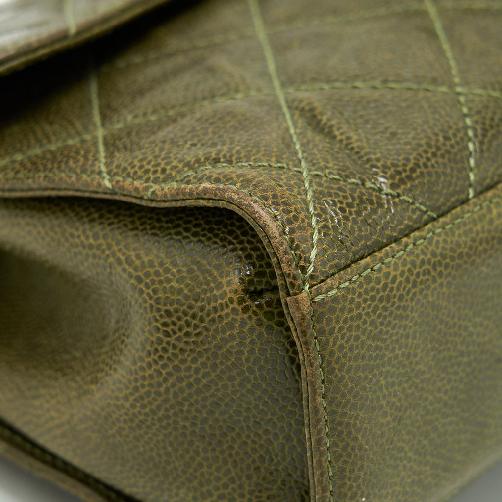CHANEL QUILTED GRAINED CALFSKIN BAG OLIVE GREEN RUTHENIUM HARDWARE