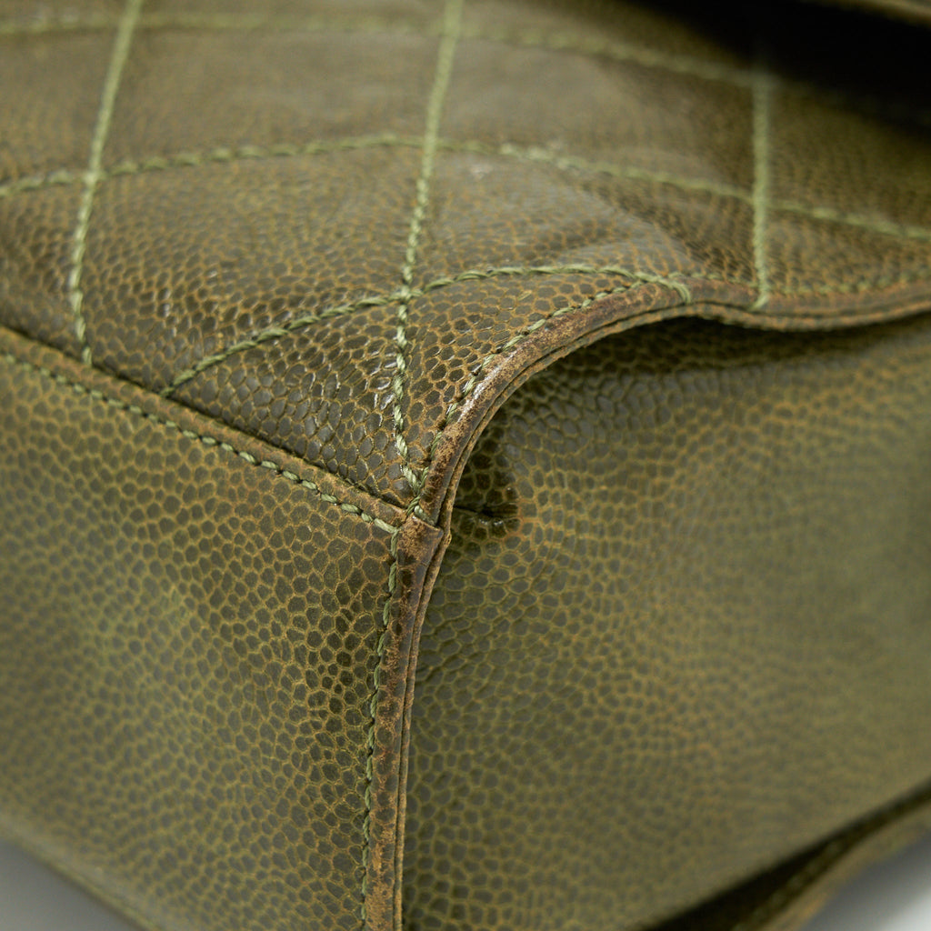 CHANEL QUILTED GRAINED CALFSKIN BAG OLIVE GREEN RUTHENIUM HARDWARE