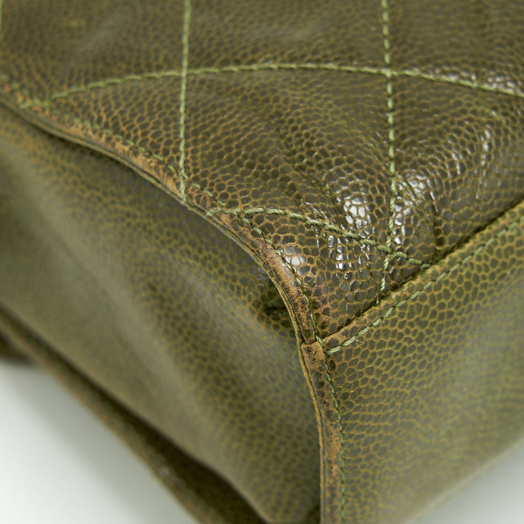 CHANEL QUILTED GRAINED CALFSKIN BAG OLIVE GREEN RUTHENIUM HARDWARE