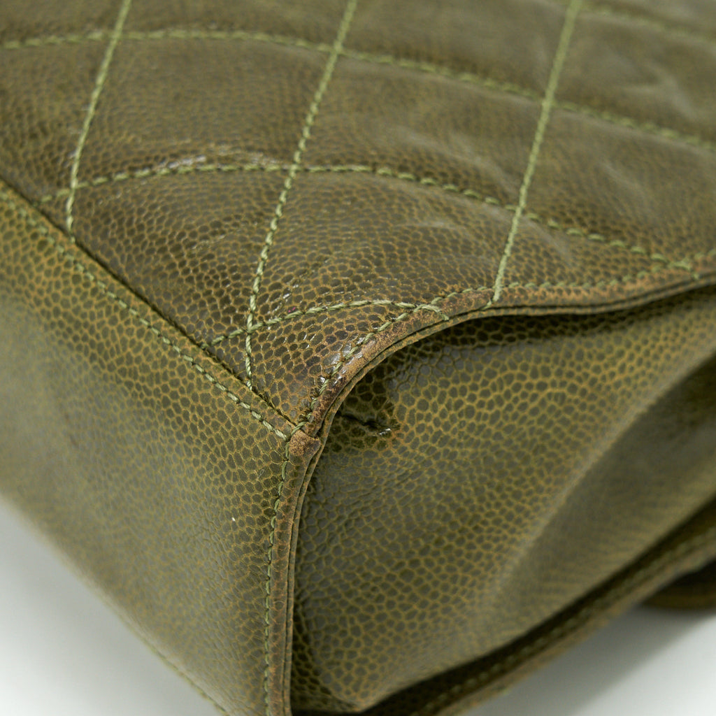 CHANEL QUILTED GRAINED CALFSKIN BAG OLIVE GREEN RUTHENIUM HARDWARE