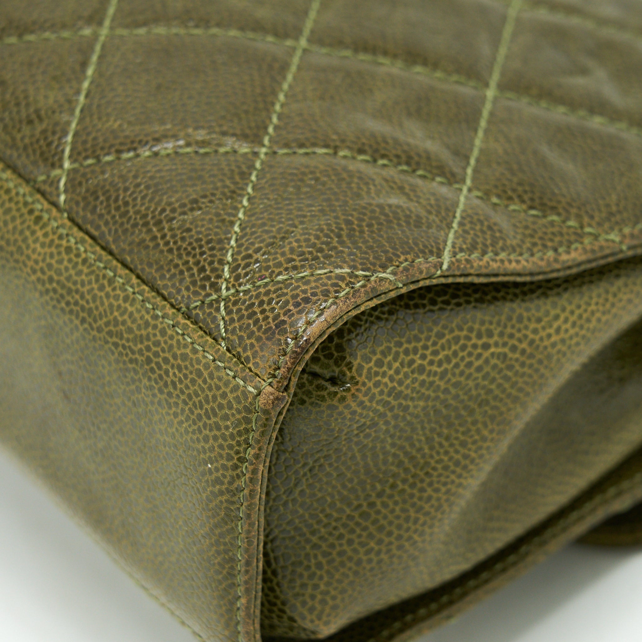 CHANEL QUILTED GRAINED CALFSKIN BAG OLIVE GREEN RUTHENIUM HARDWARE