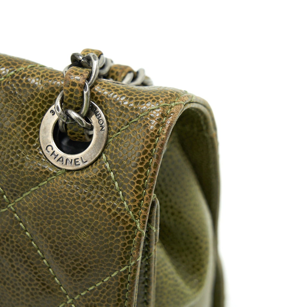CHANEL QUILTED GRAINED CALFSKIN BAG OLIVE GREEN RUTHENIUM HARDWARE