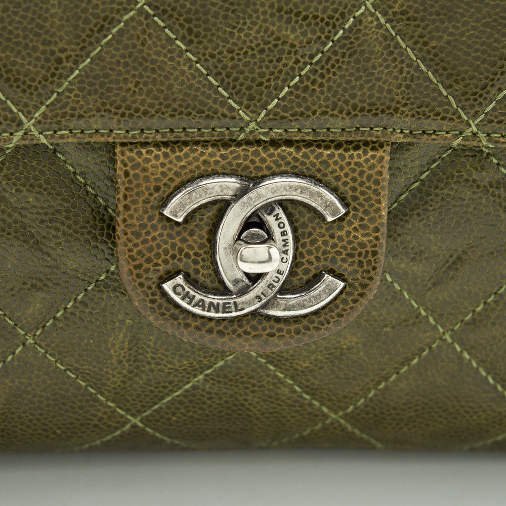 CHANEL QUILTED GRAINED CALFSKIN BAG OLIVE GREEN RUTHENIUM HARDWARE