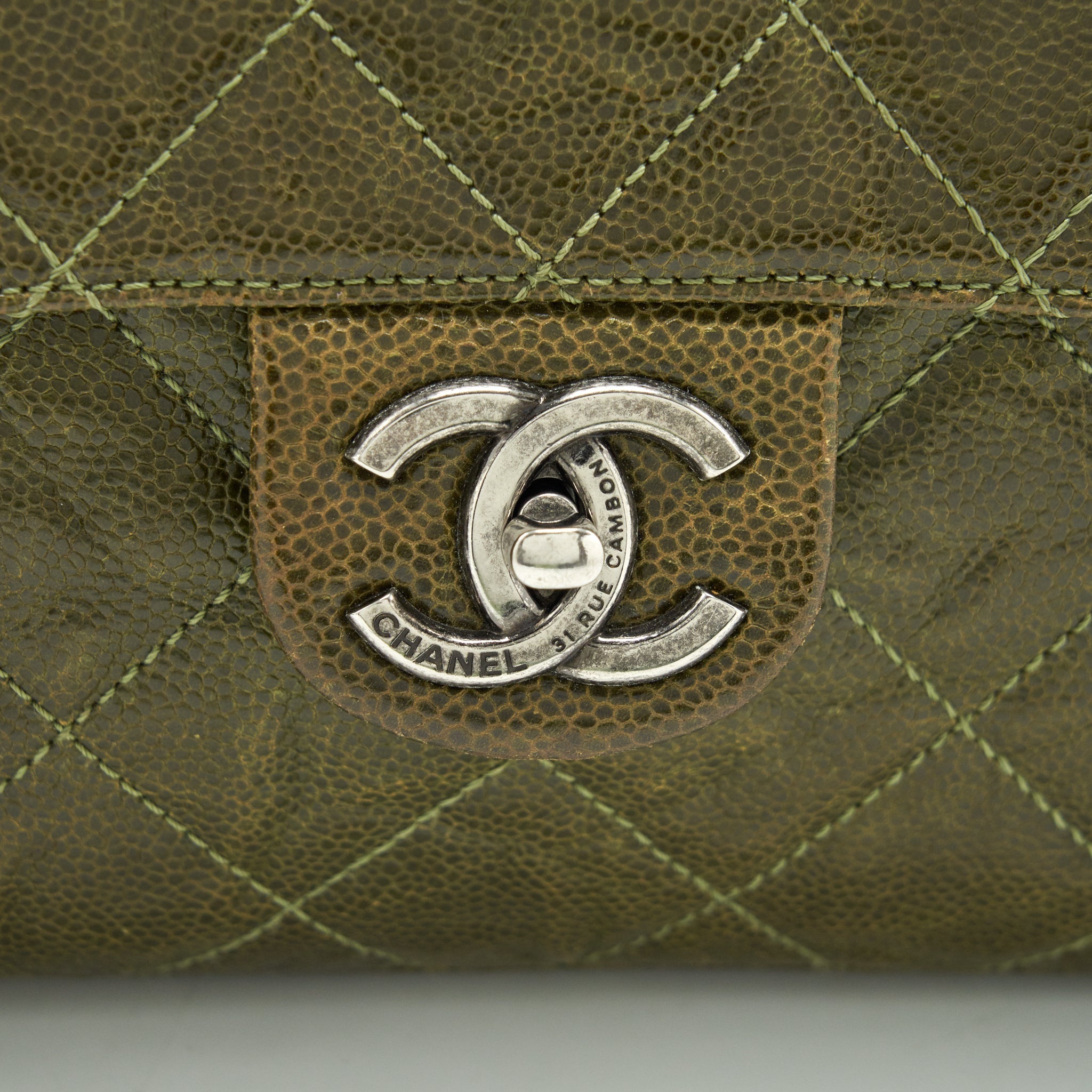 CHANEL QUILTED GRAINED CALFSKIN BAG OLIVE GREEN RUTHENIUM HARDWARE
