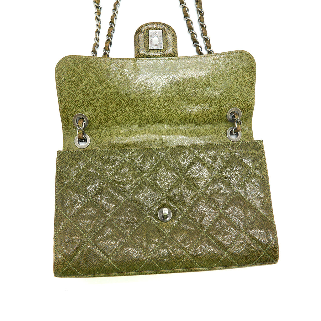 CHANEL QUILTED GRAINED CALFSKIN BAG OLIVE GREEN RUTHENIUM HARDWARE