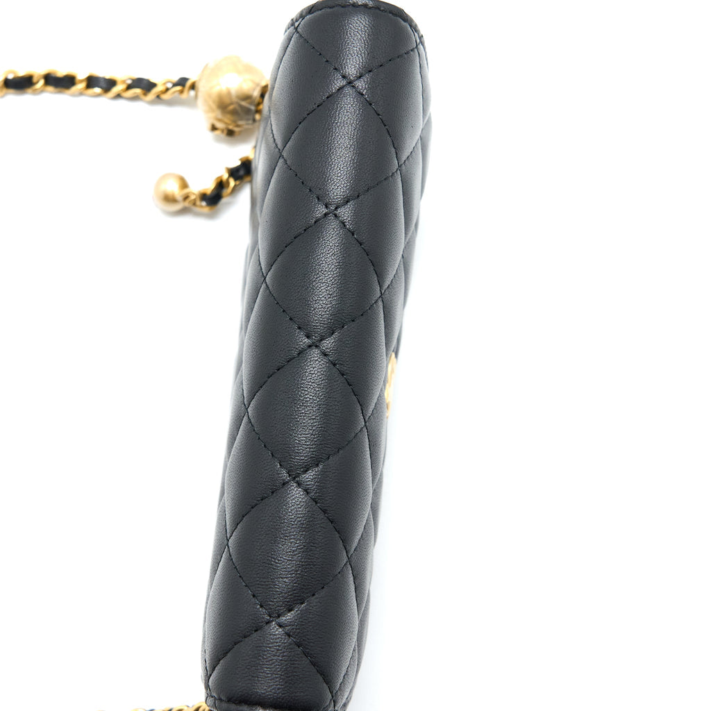 CHANEL PEARL CRUSH MINI WALLET ON CHAIN LAMBSKIN BLACK BRUSHED GHW (MICROCHIP)