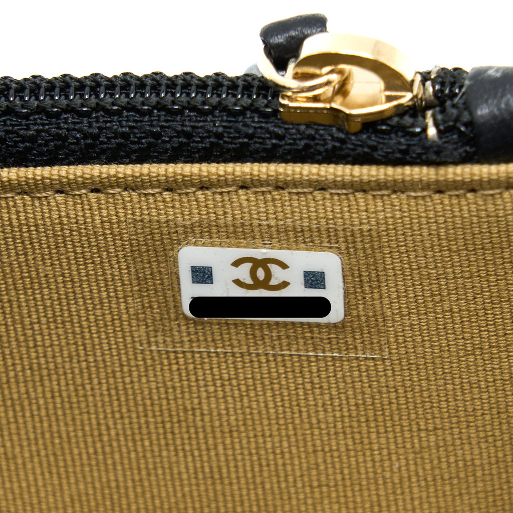 CHANEL PEARL CRUSH MINI WALLET ON CHAIN LAMBSKIN BLACK BRUSHED GHW (MICROCHIP)