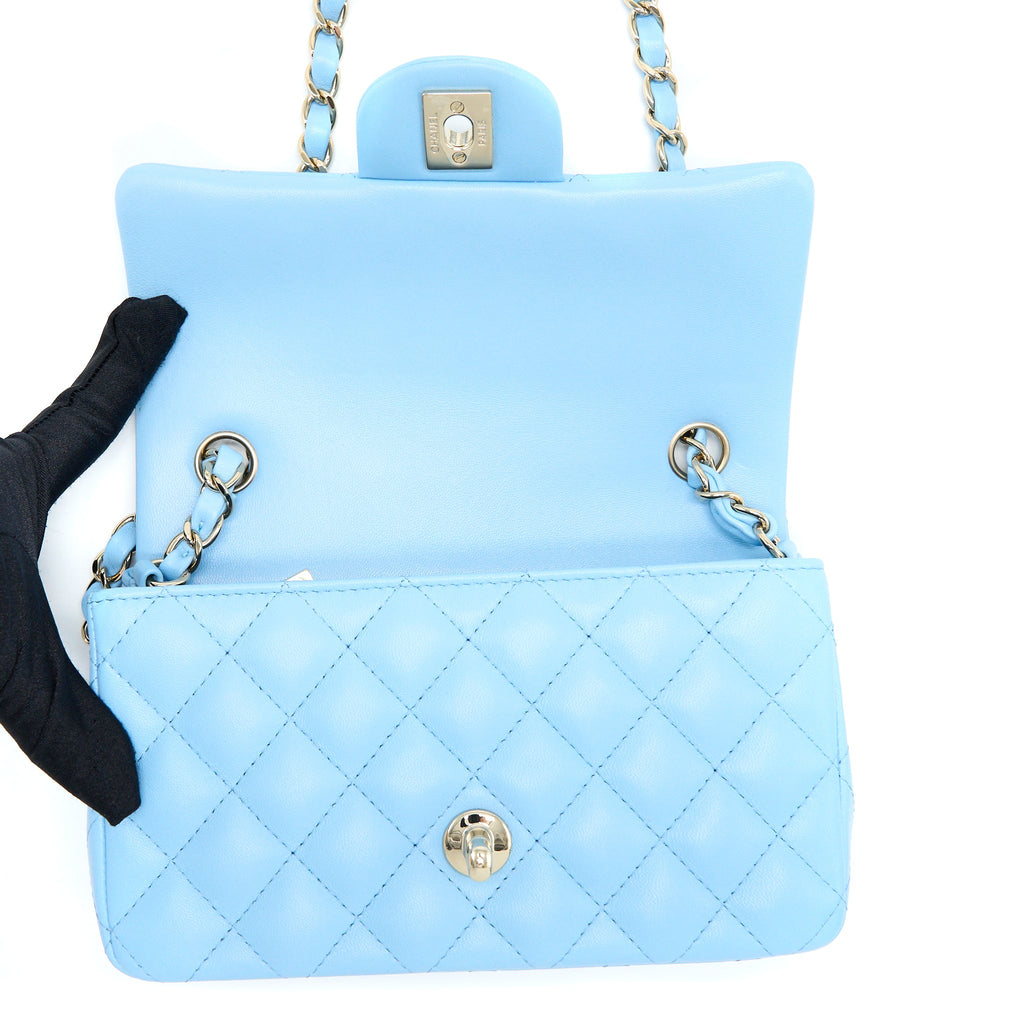 CHANEL MINI RECTANGULAR FLAP BAG LAMBSKIN BLUE LGHW (MICROCHIP)