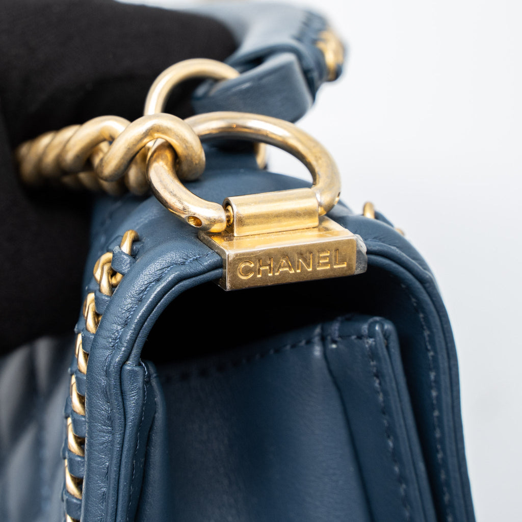 CHANEL TOP HANDLE BOY BAG LAMBSKIN DARK BLUE BRUSHED GHW