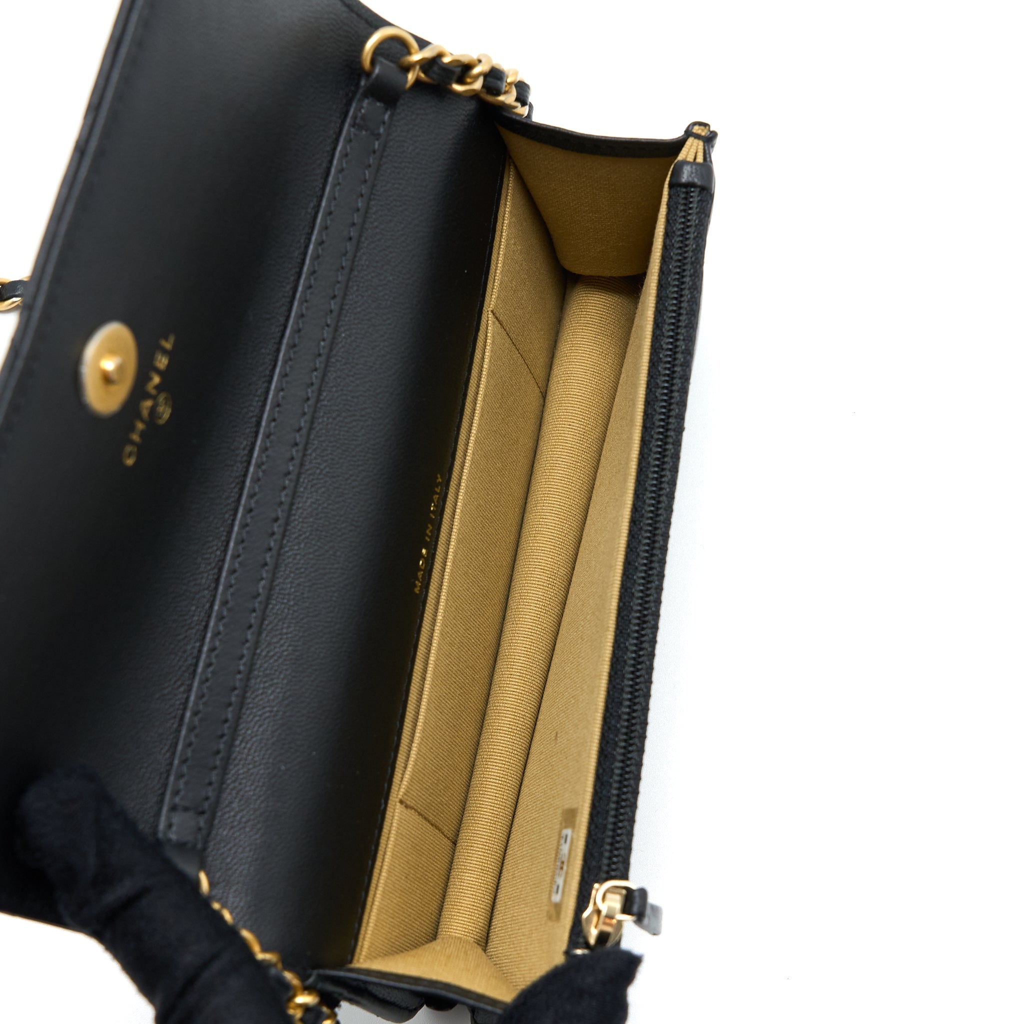 CHANEL PEARL CRUSH MINI WALLET ON CHAIN LAMBSKIN BLACK BRUSHED GHW (MICROCHIP)