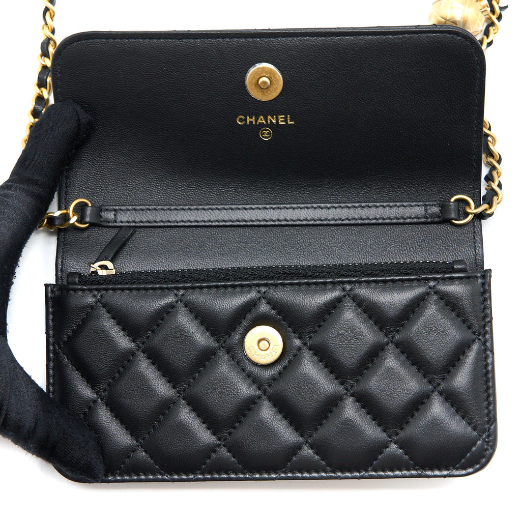 CHANEL PEARL CRUSH MINI WALLET ON CHAIN LAMBSKIN BLACK BRUSHED GHW (MICROCHIP)