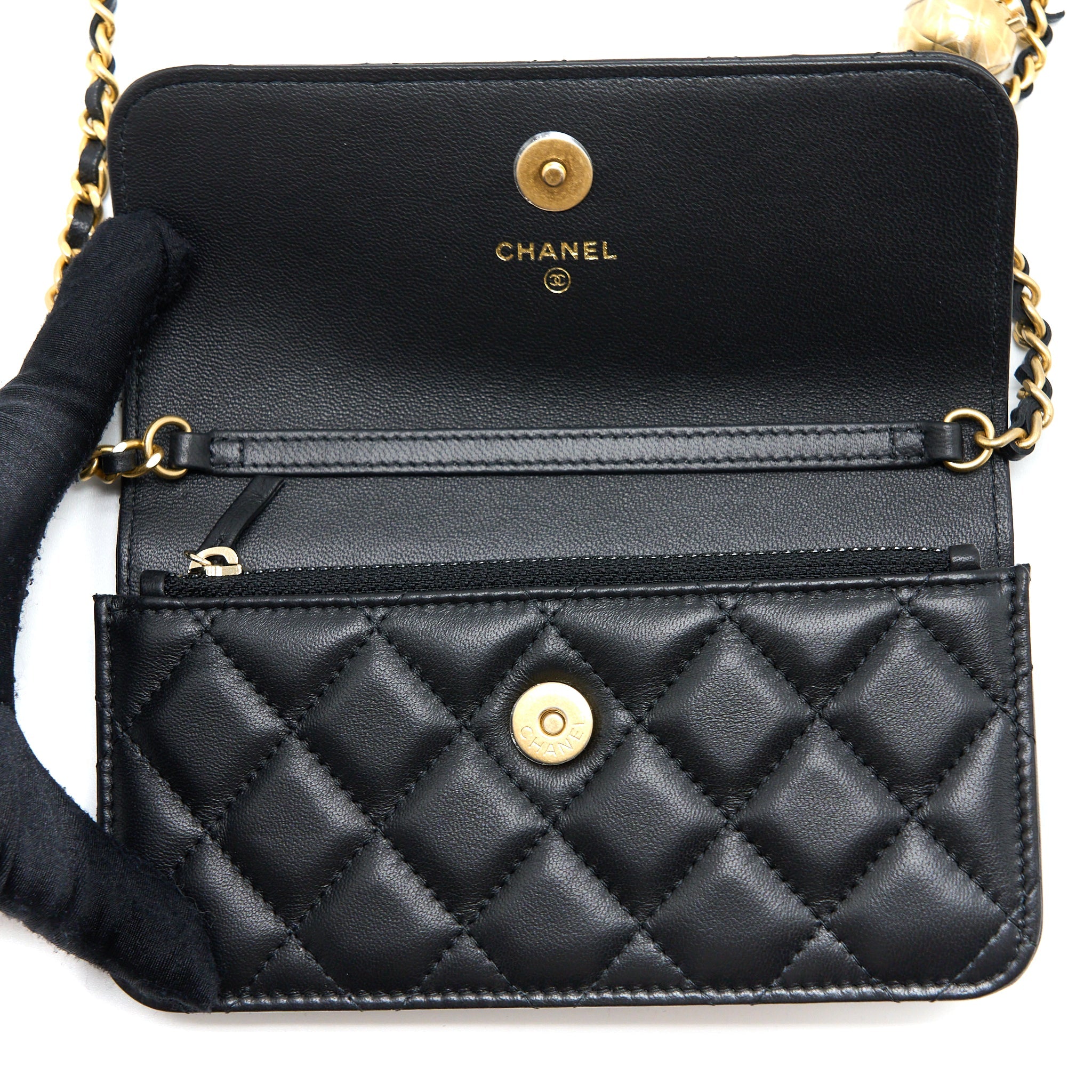 CHANEL PEARL CRUSH MINI WALLET ON CHAIN LAMBSKIN BLACK BRUSHED GHW (MICROCHIP)