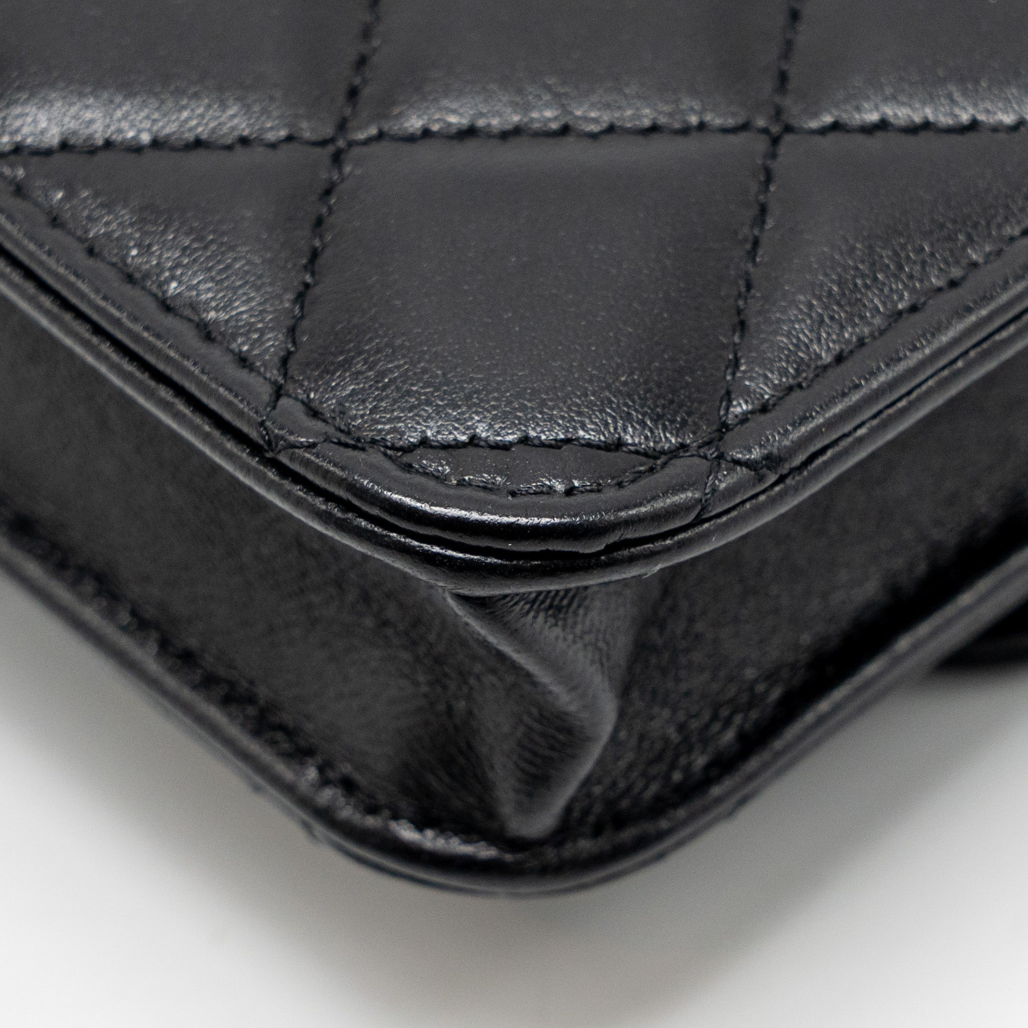 CHANEL MINI TOP HANDLE FLAP COIN PURSE WITH CHAIN LAMBSKIN BLACK LGHW