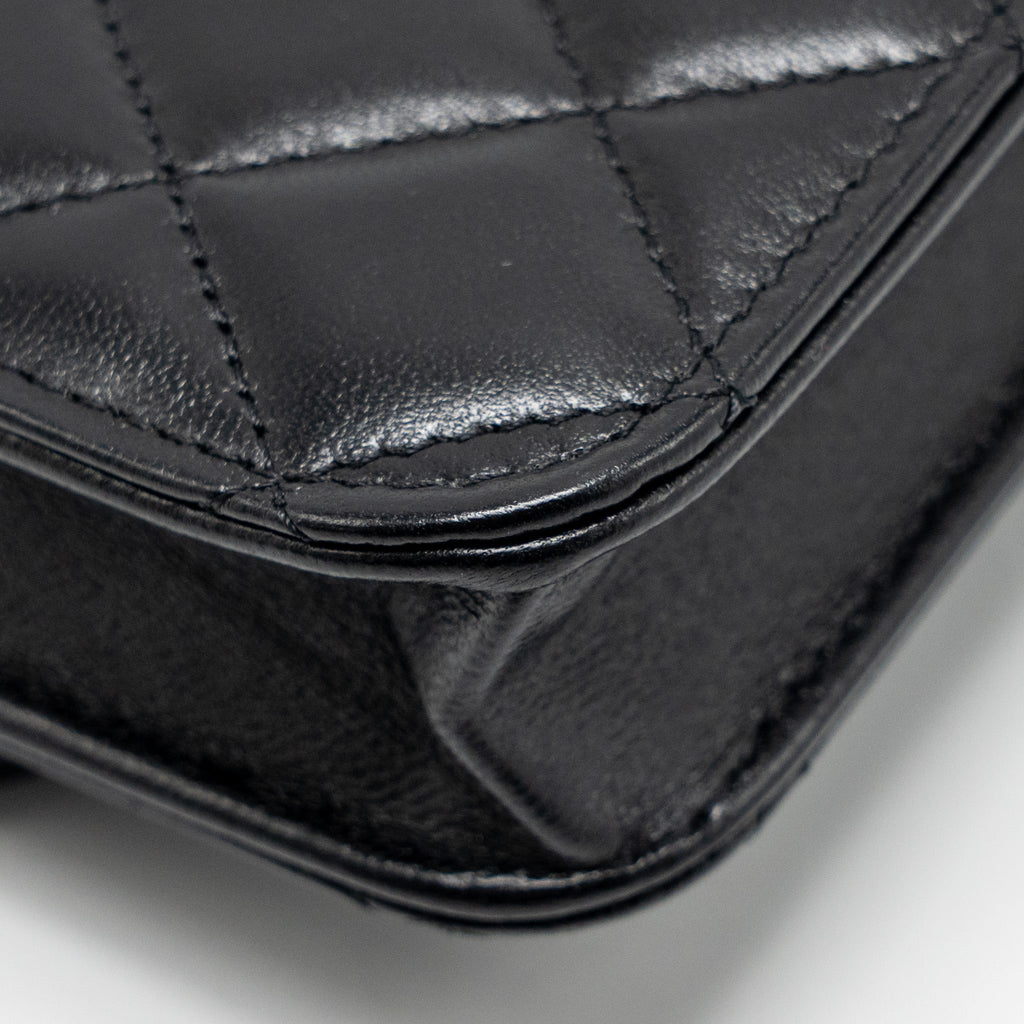 CHANEL MINI TOP HANDLE FLAP COIN PURSE WITH CHAIN LAMBSKIN BLACK LGHW