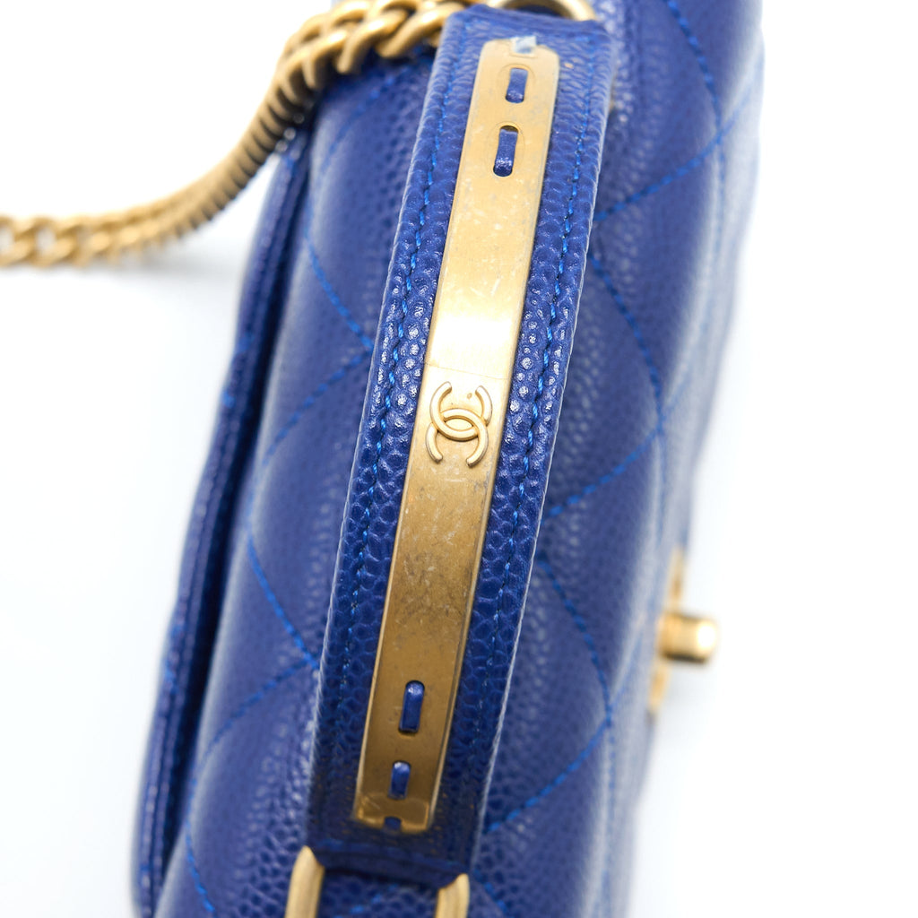 CHANEL TOP HANDLE QUILTED FLAP BAG CAVIAR BLUE GHW