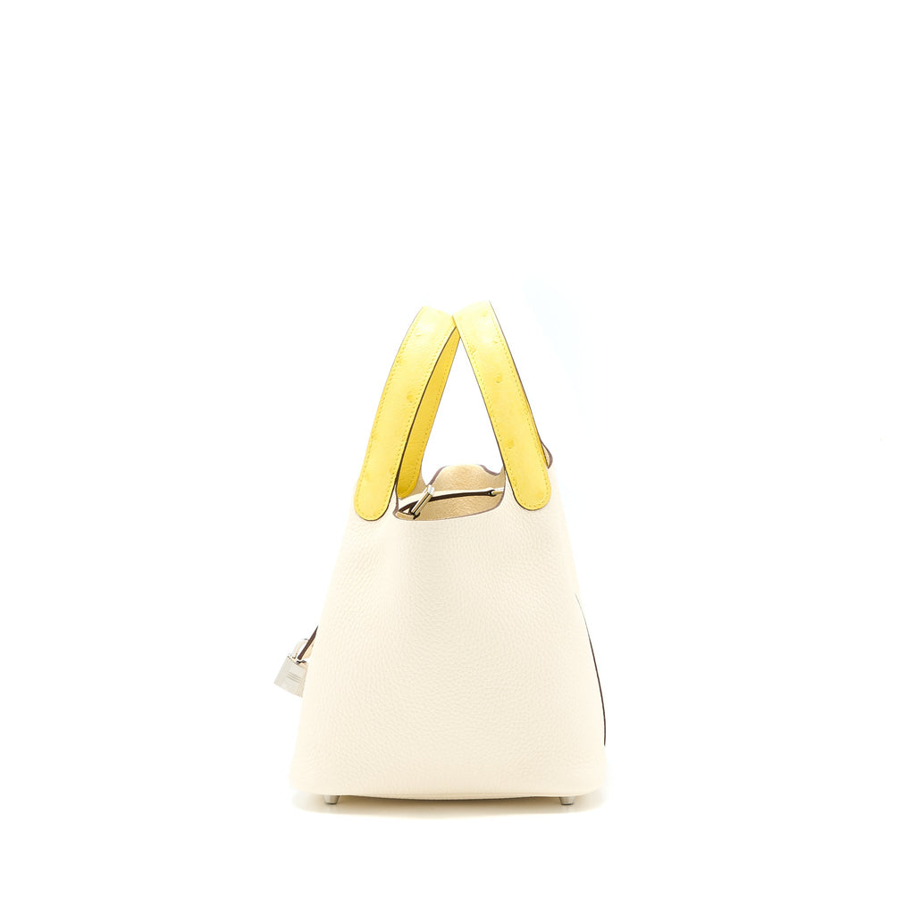HERMES PICOTIN 18 LOCK TOUCH BAG CLEMENCE/OSTRICH HANDLE NATA/JAUNE CITRON SHW