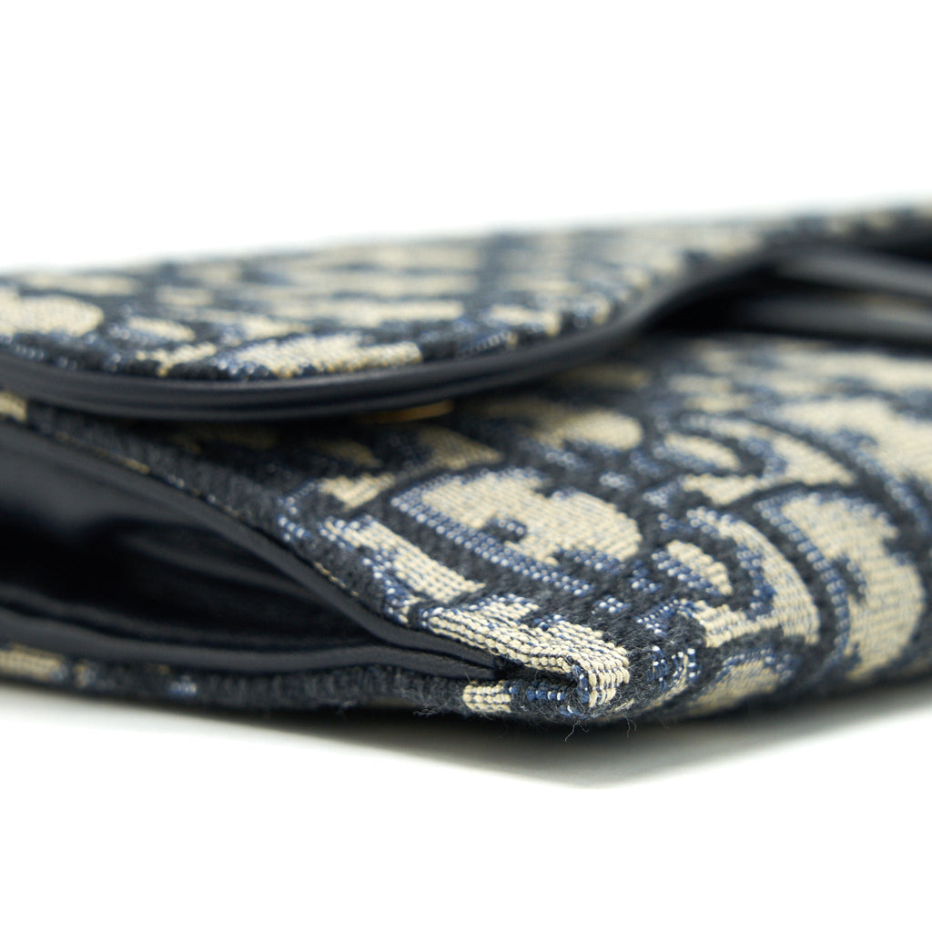 DIOR SADDLE WALLET ON CHAIN BLUE OBLIQUE JACQUARD