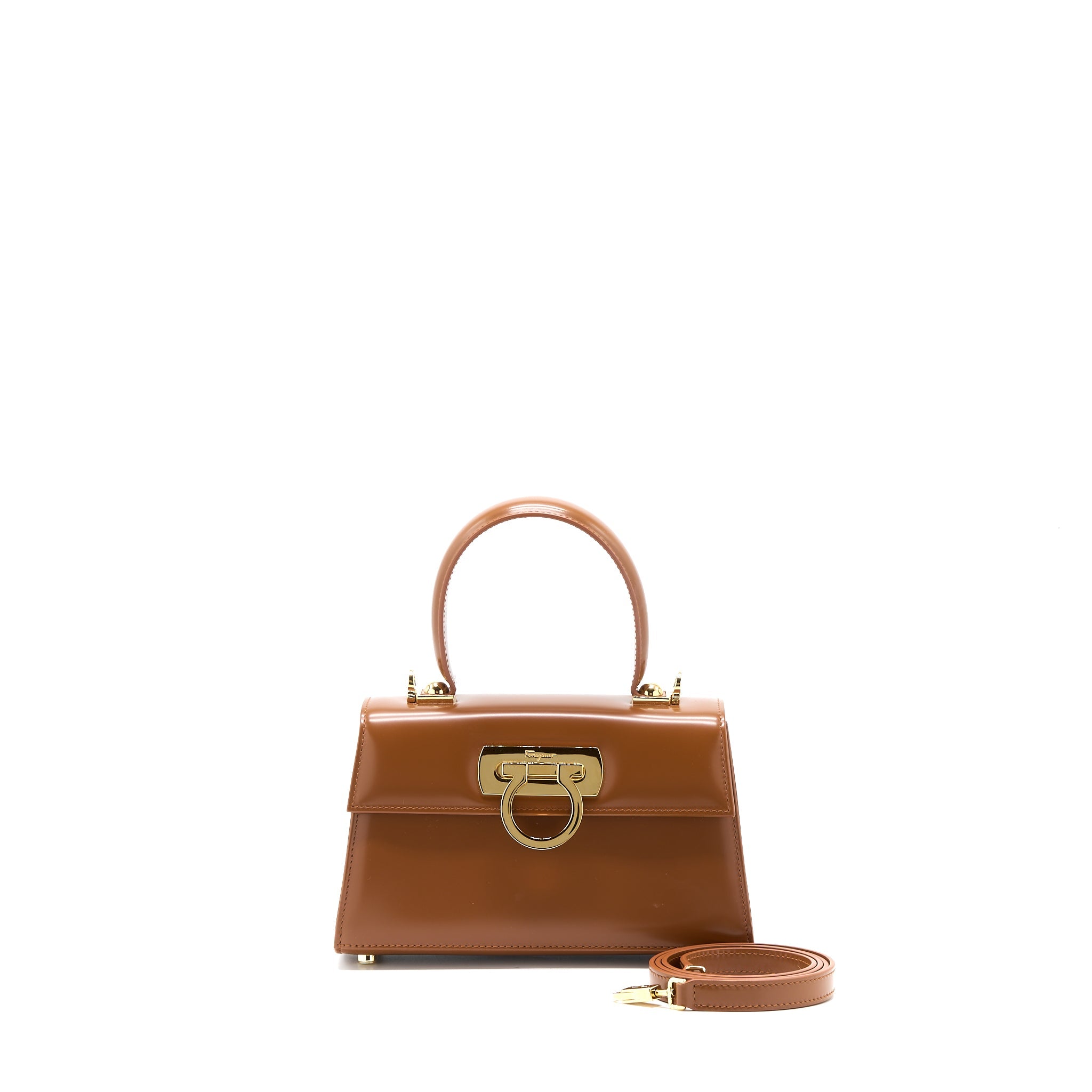 FERRAGAMO ICONIC TOP HANDLE BAG CALFSKIN CARAMEL GHW