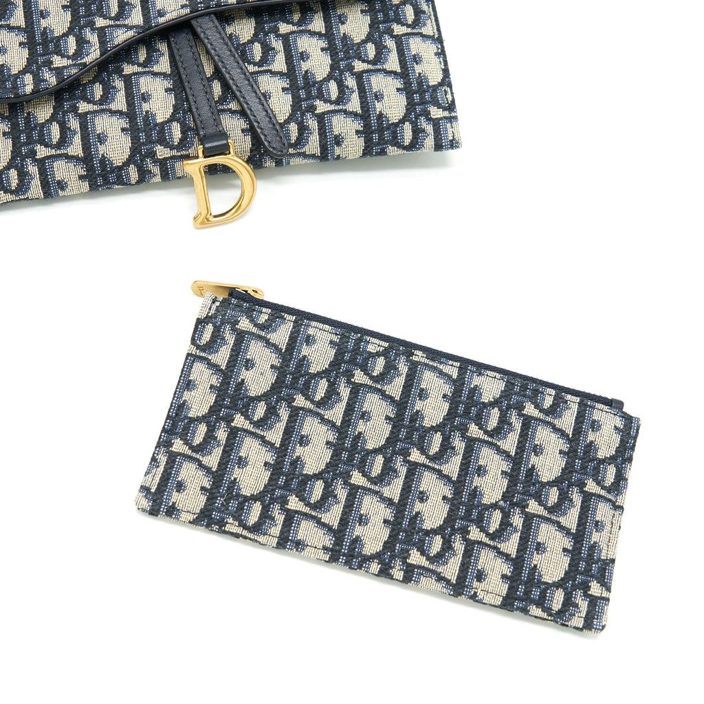 DIOR SADDLE WALLET ON CHAIN BLUE OBLIQUE JACQUARD