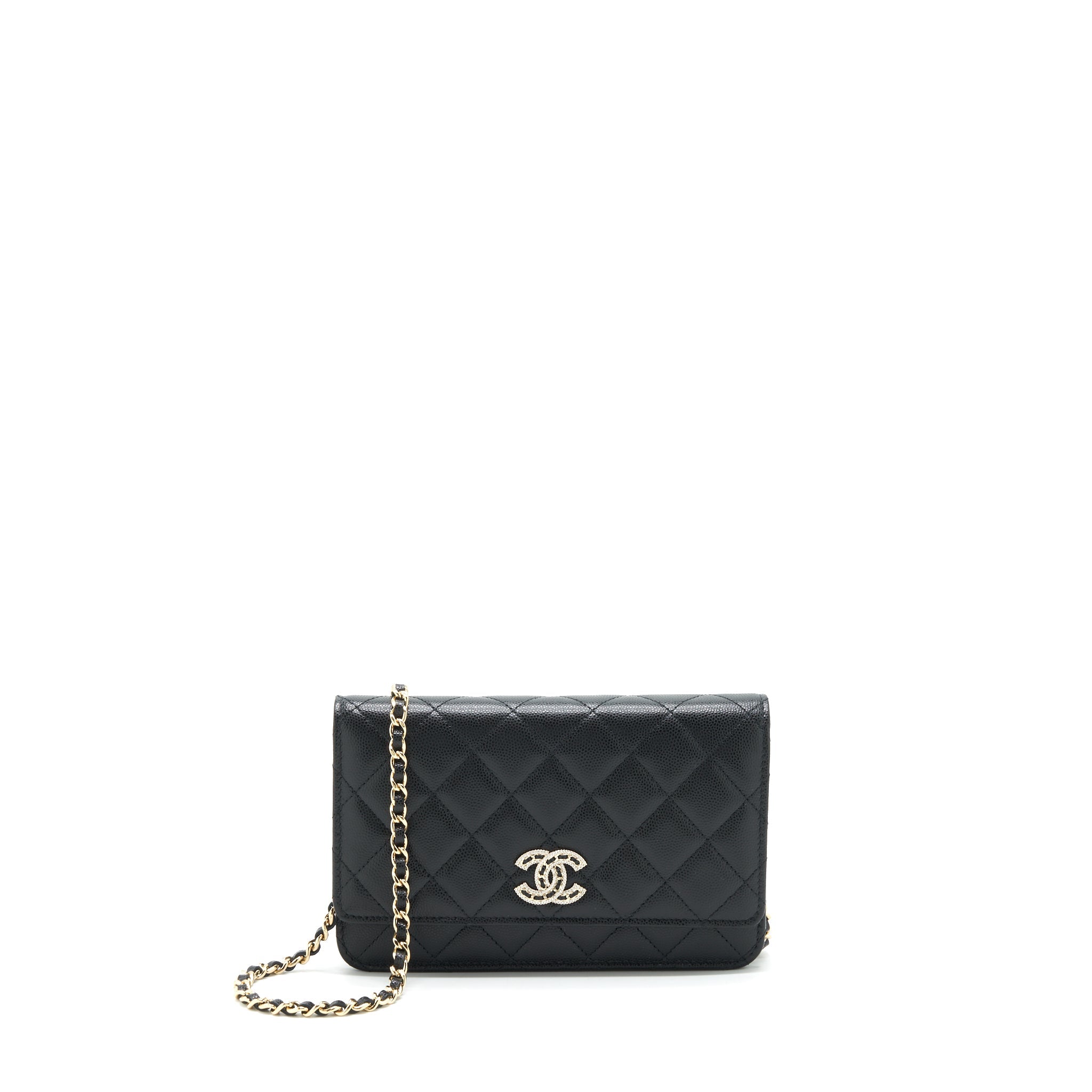 CHANEL 22S DETAIL CC LOGO WALLET ON CHAIN CAVIAR BLACK LGHW (MICROCHIP)