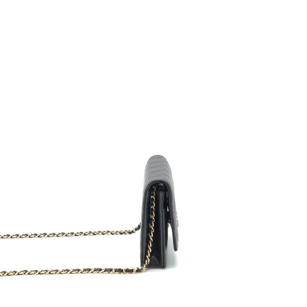 CHANEL 22S DETAIL CC LOGO WALLET ON CHAIN CAVIAR BLACK LGHW (MICROCHIP)
