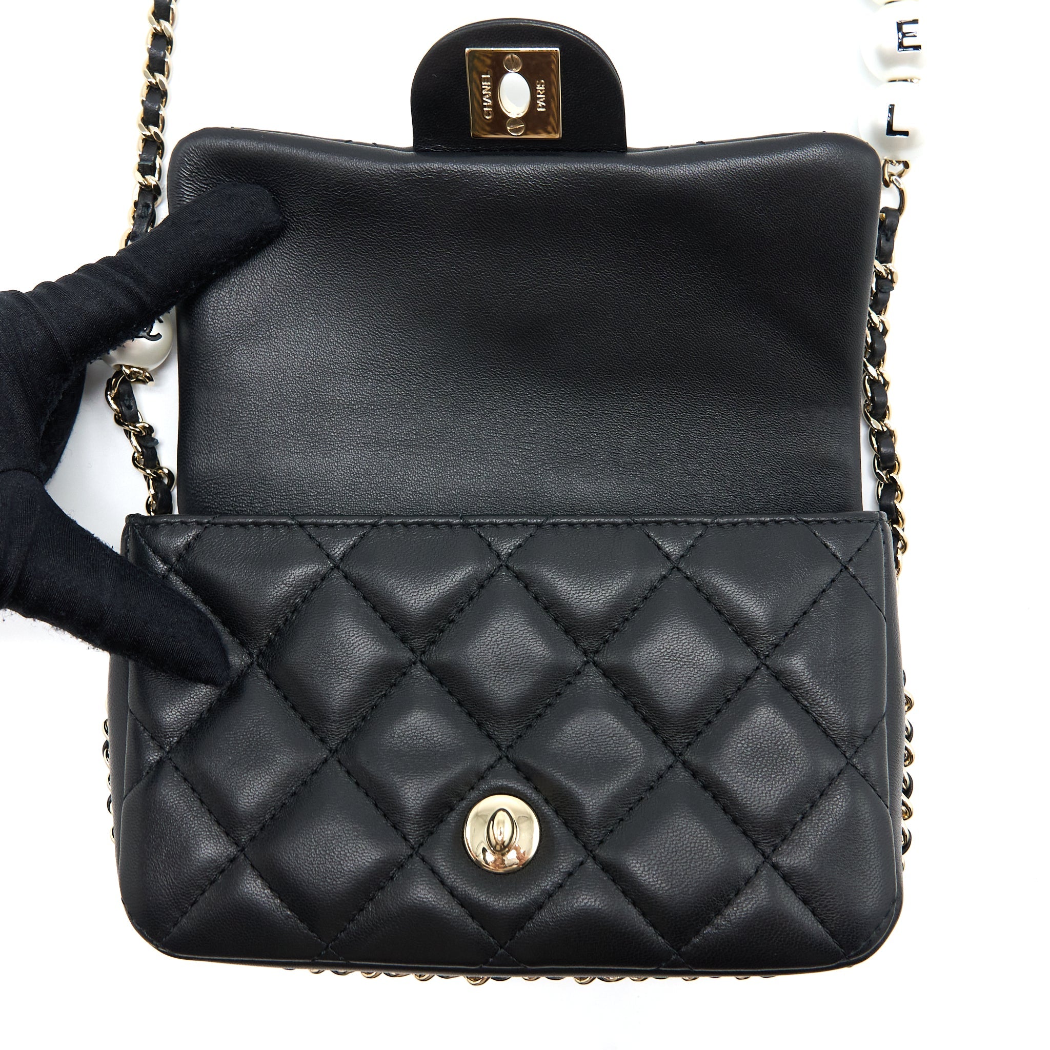 CHANEL PEARL CHAIN FLAP BAG QUILTED LAMBSKIN BLACK LGHW