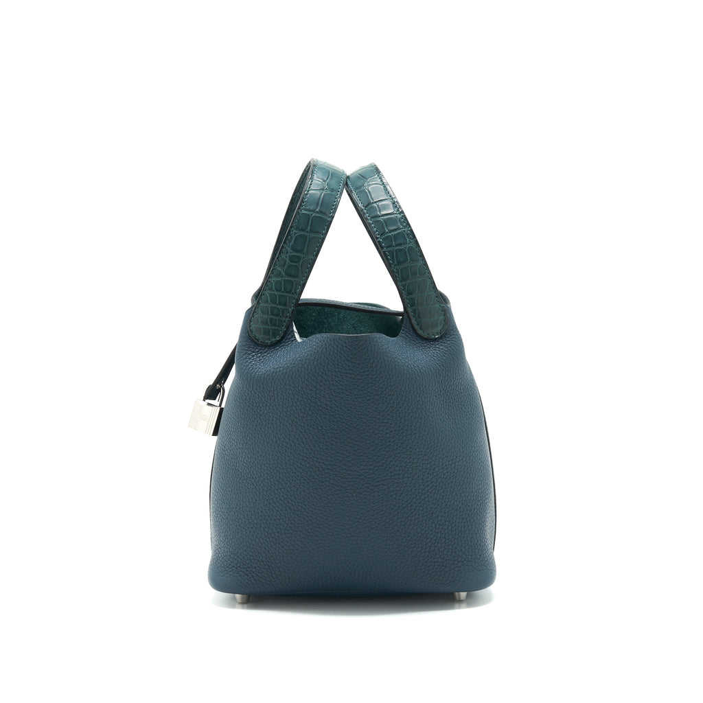 HERMES PICOTIN 18 TOUCH BAG WITH ALLIGATOR HANDLE VERT CYPRES SHW