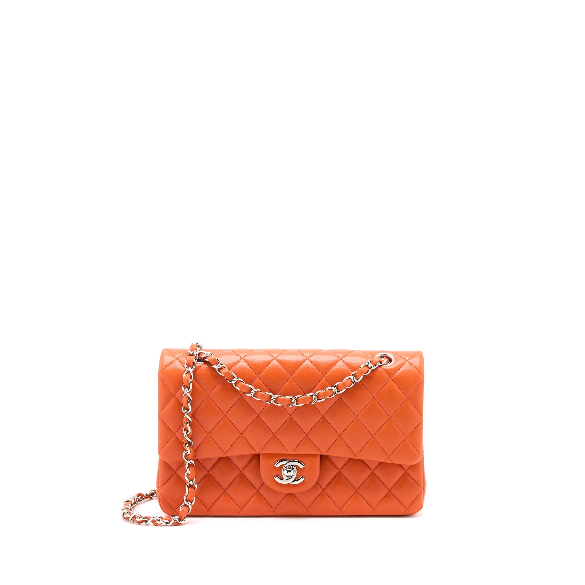 CHANEL MEDIUM CLASSIC DOUBLE FLAP BAG LAMBSKIN ORANGE SHW