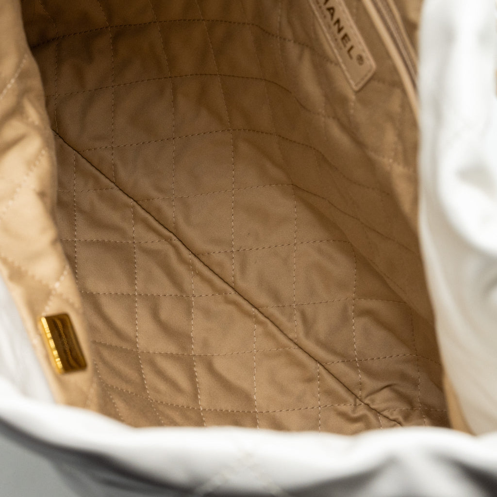 CHANEL MEDIUM 22 BAG GOLD LETTER SHINY CALFSKIN WHITE GHW (MICROCHIP)