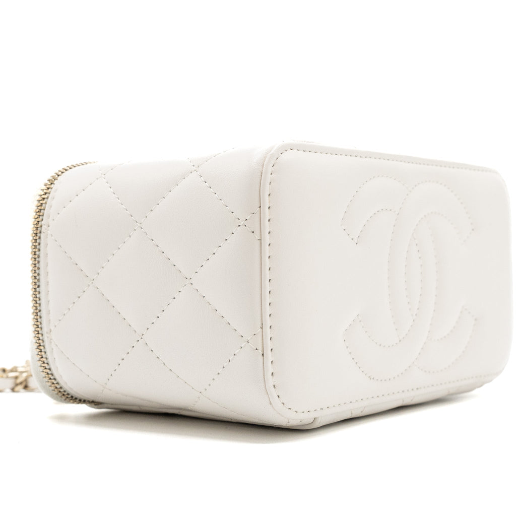 CHANEL LETTER/CC LOGO CHAIN LONG VANITY CALFSKIN WHITE LGHW (MICROCHIP)