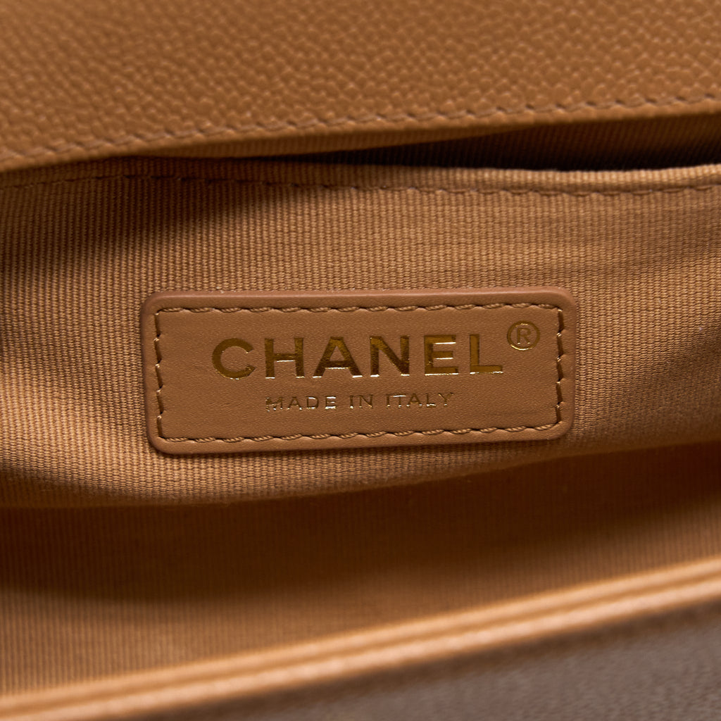 CHANEL 21K SMALL BOY BAG CAVIAR CAMEL LGHW (MICROCHIP)