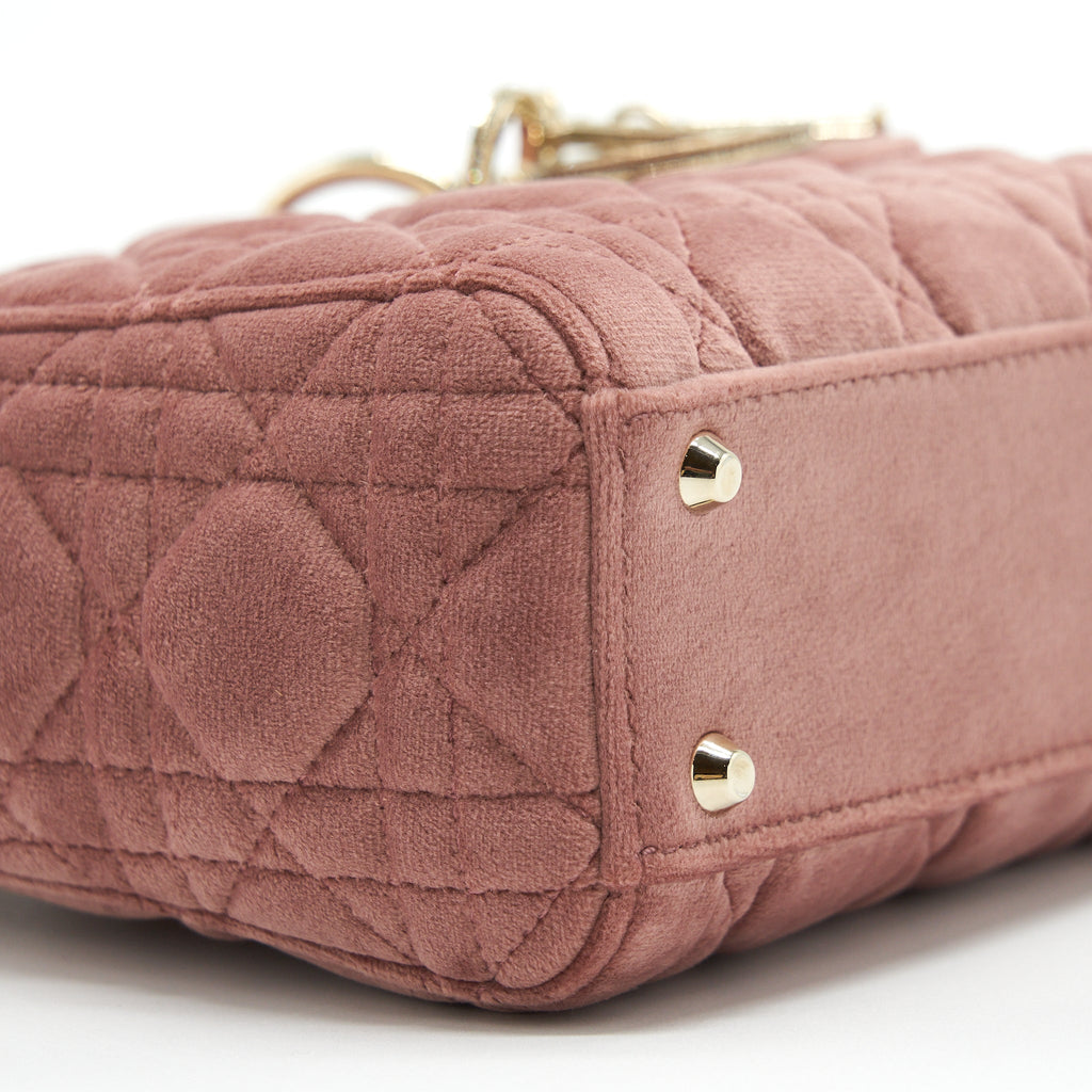 DIOR MINI LADY DIOR VELVET PINK WITH CRYSTAL LIGHT GOLD HARDWARE