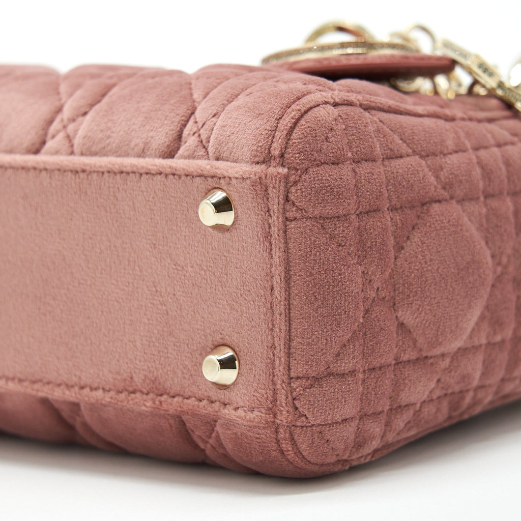 DIOR MINI LADY DIOR VELVET PINK WITH CRYSTAL LIGHT GOLD HARDWARE