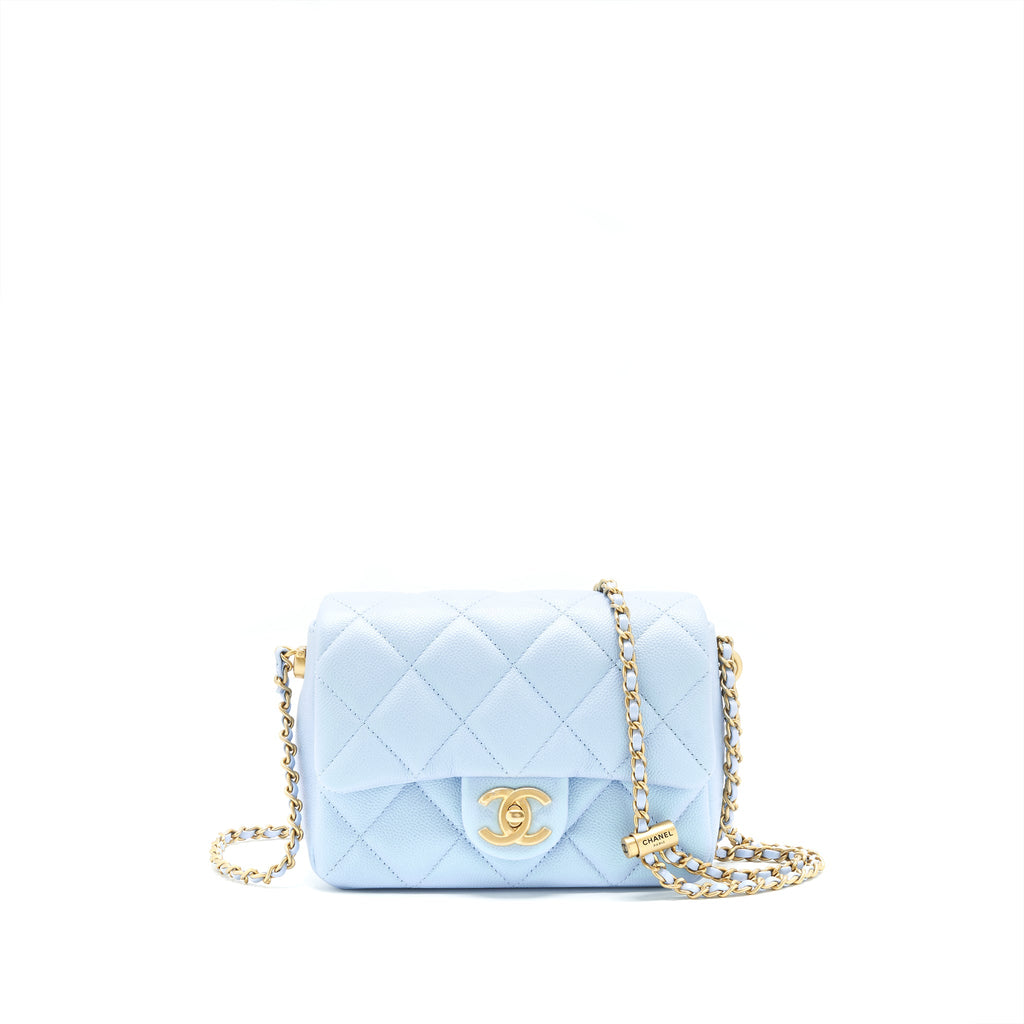 CHANEL 21K MY PERFECT MINI FLAP BAG CAVIAR IRIDESCENT LIGHT BLUE GHW (MICROCHIP)