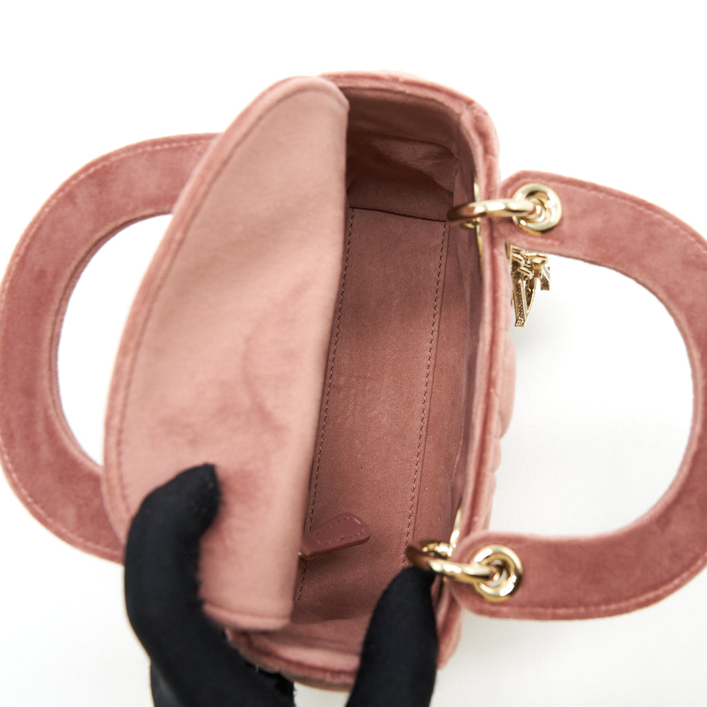 DIOR MINI LADY DIOR VELVET PINK WITH CRYSTAL LIGHT GOLD HARDWARE